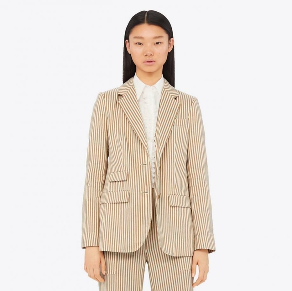Tory Burch Womens Jacket Size 6 Beige Striped Linen Cotton Blazer Coat $598 - Picture 2 of 9